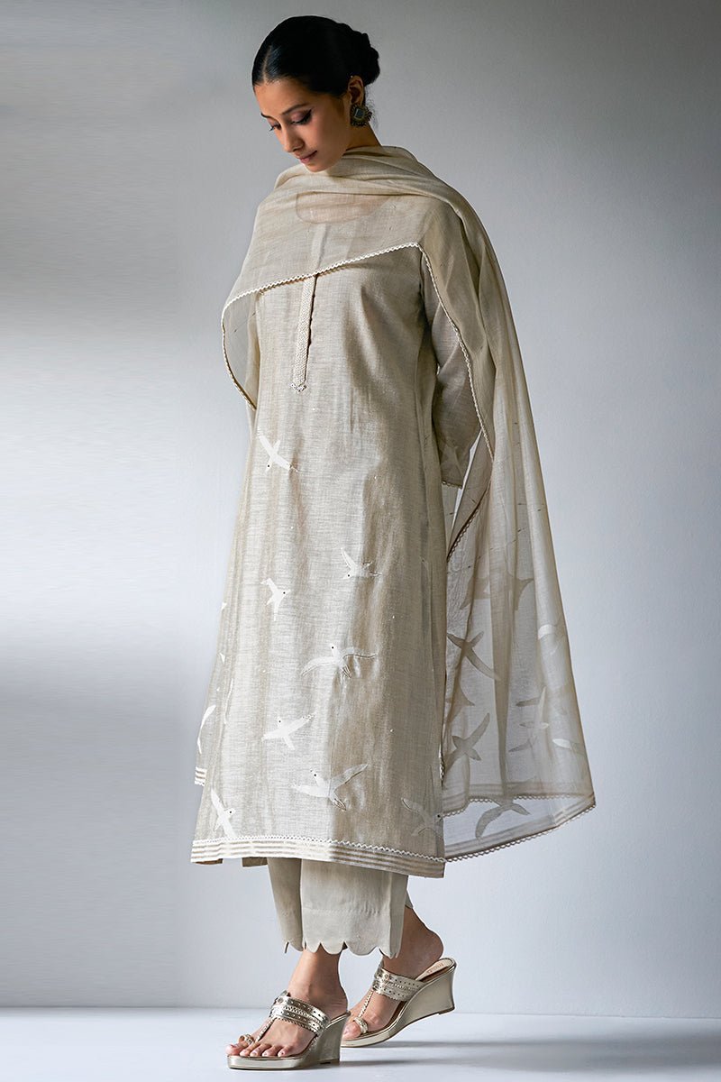 Women's Fog Beige Woven Kurta Suit Set With Embroidery and Hand Work Detailing