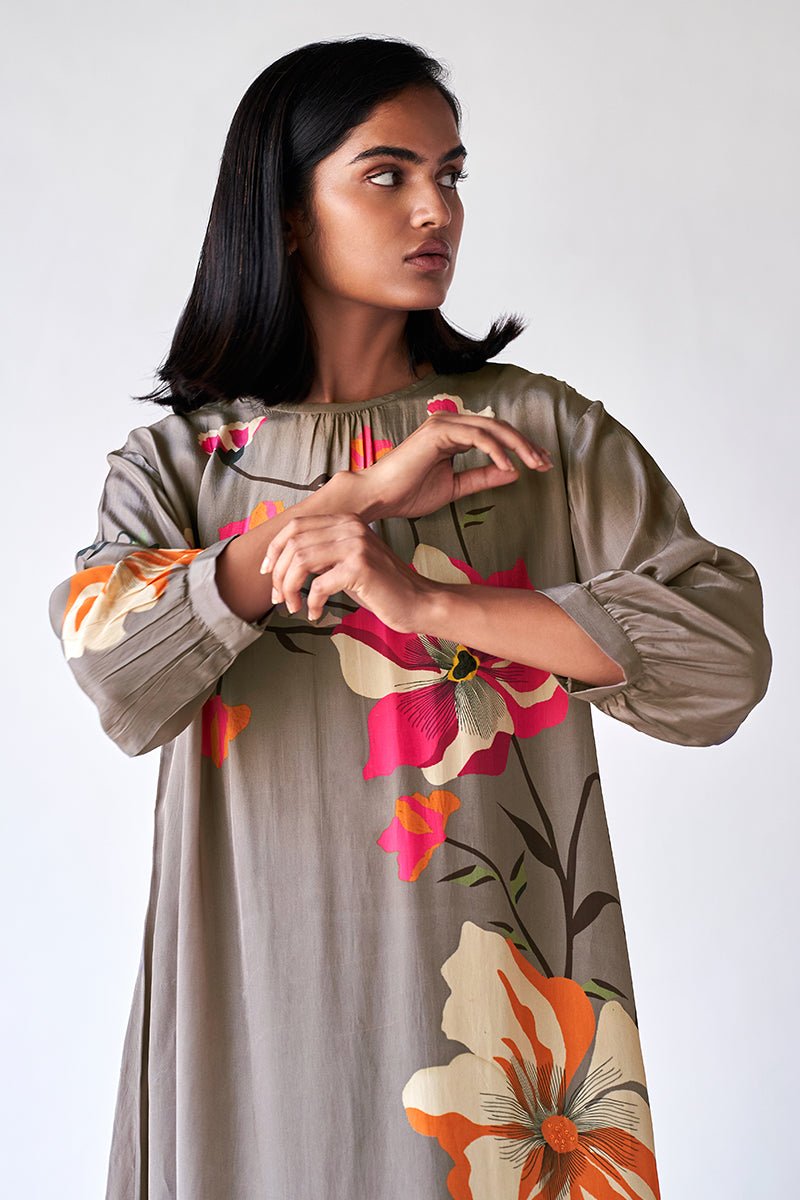 Women's Grey Floral Printed Bemberg Silk Co-ord Set