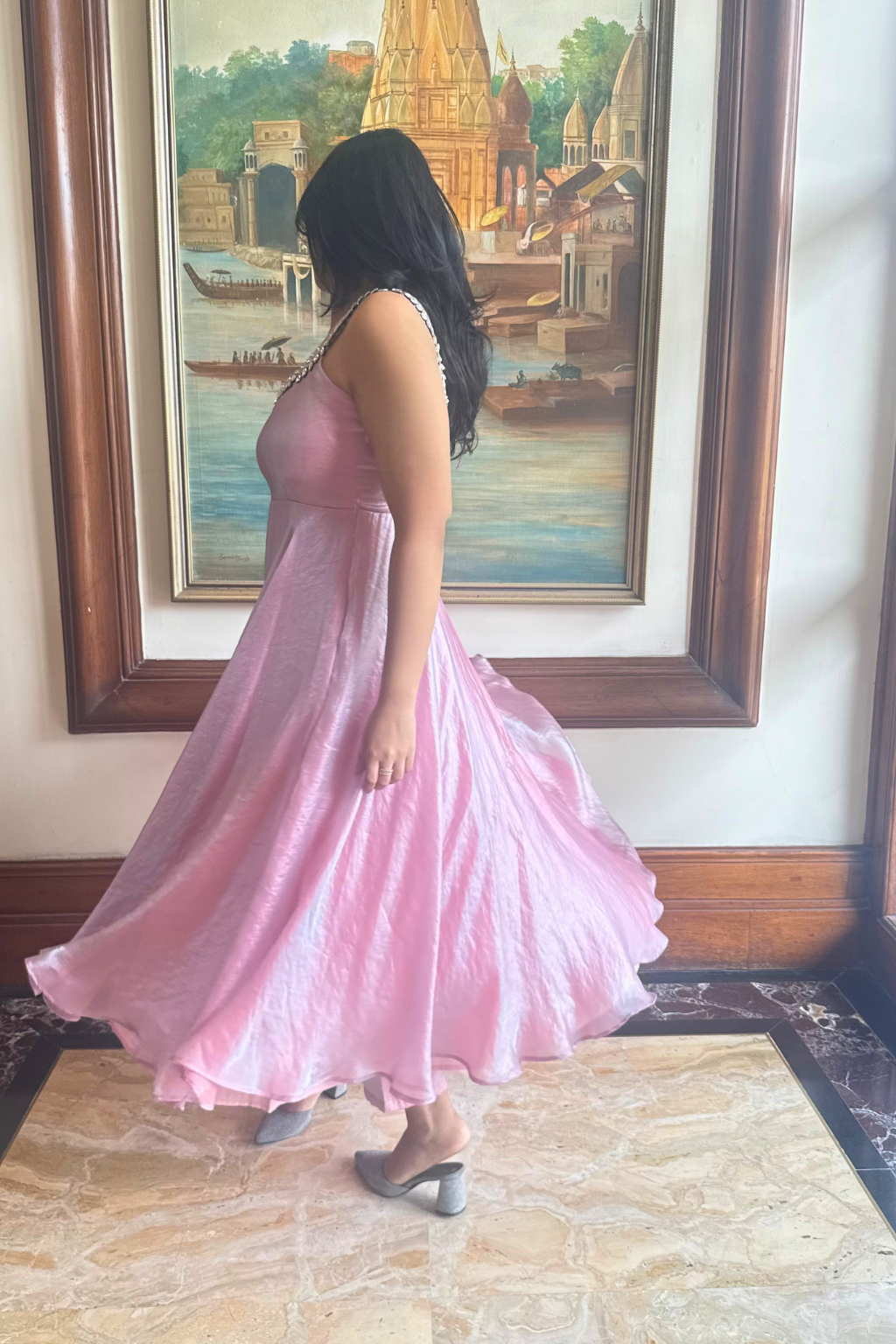 Dhiyona ST 3 pc Suit - Pink Blue Metallic Sleeveless Anarkali with Glass Trim