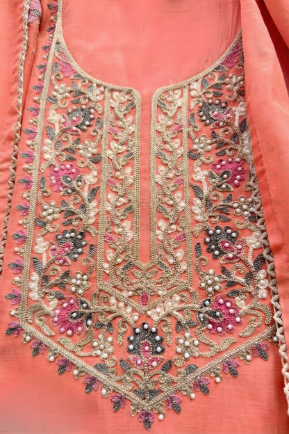 Dhiyona ST 3 Pc Unstitched Suit - Mul Peach Kashmiri Embroidery Kurta with Beads , Embroidered Dupatta and Bottom
