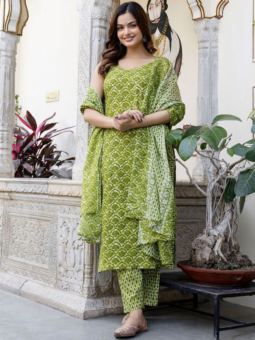 Floral Printed V-Neck Pure Cotton Straight Kurta With Trouser And Dupatta