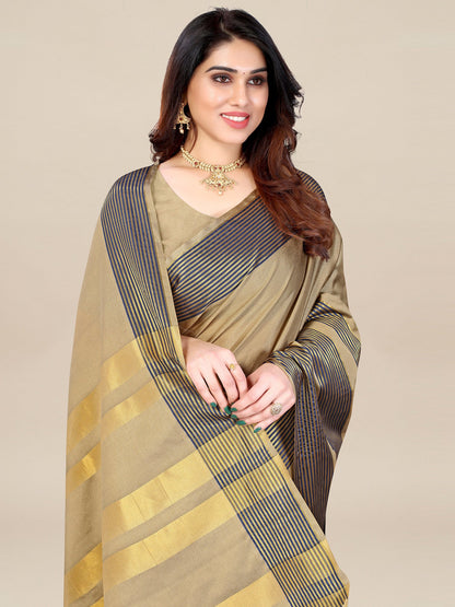 Women's Aura Silk Beige Printed Designer Saree With Blouse Piece