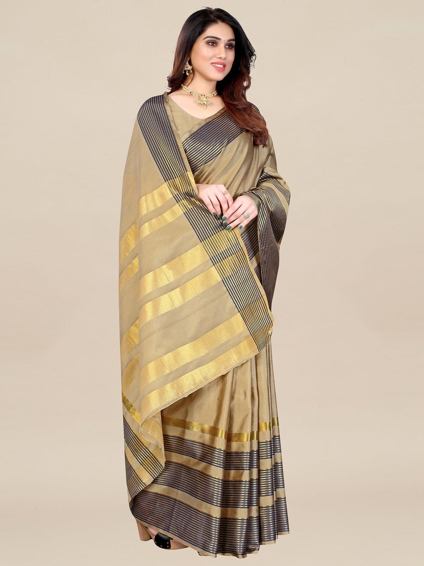 Women's Aura Silk Beige Printed Designer Saree With Blouse Piece