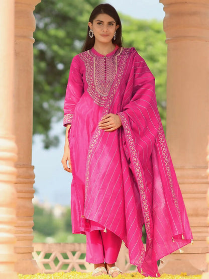 Women's LB Art Pink Yoke Design Chanderi Silk Straight Suit With Dupatta