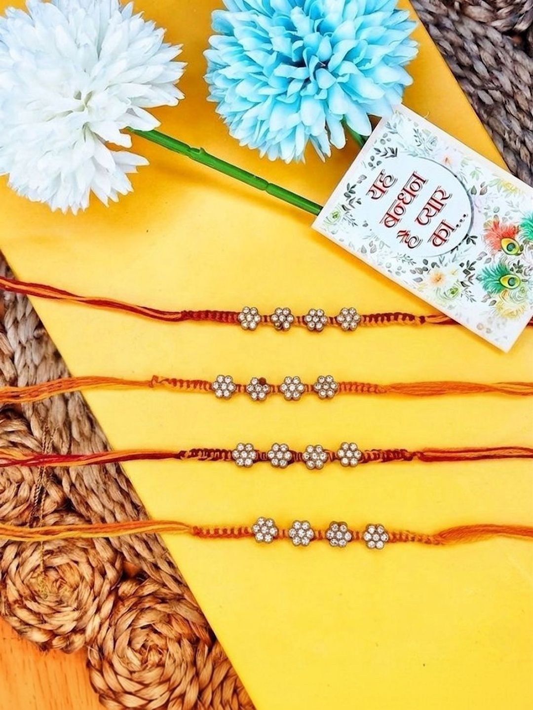 Dhiyona Set Of 4 Artificial Stones Floral Design Thread Rakhi