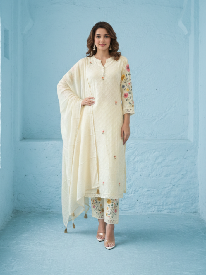 Kirti Mist Cotton Embroidered Suit Set