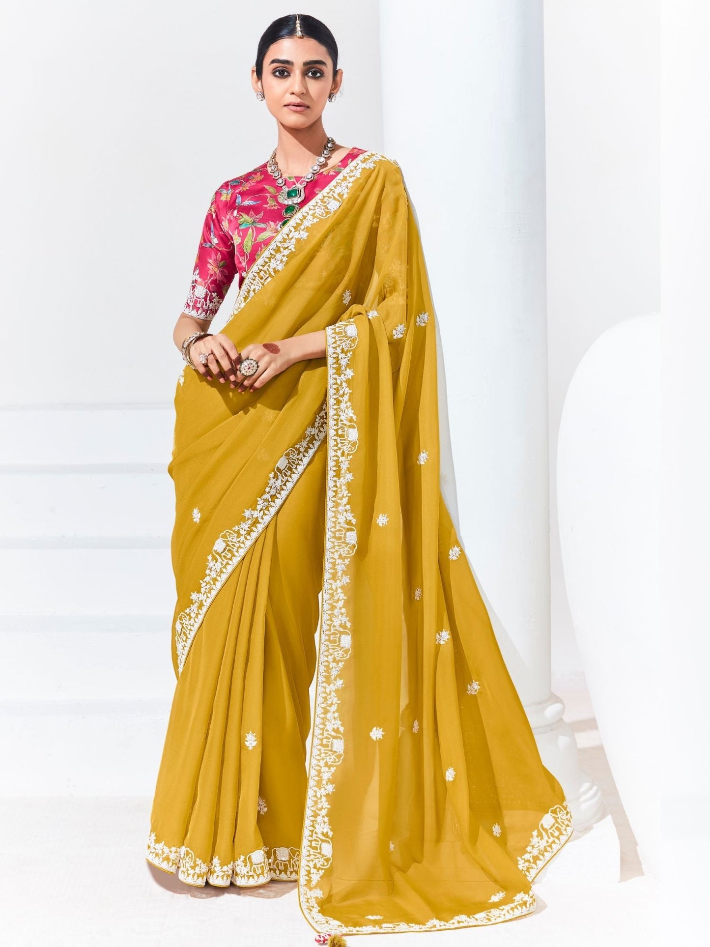 Dhiyona KM Women Yellow Saree With Floral-Print Blouse “ Radiant Elegance