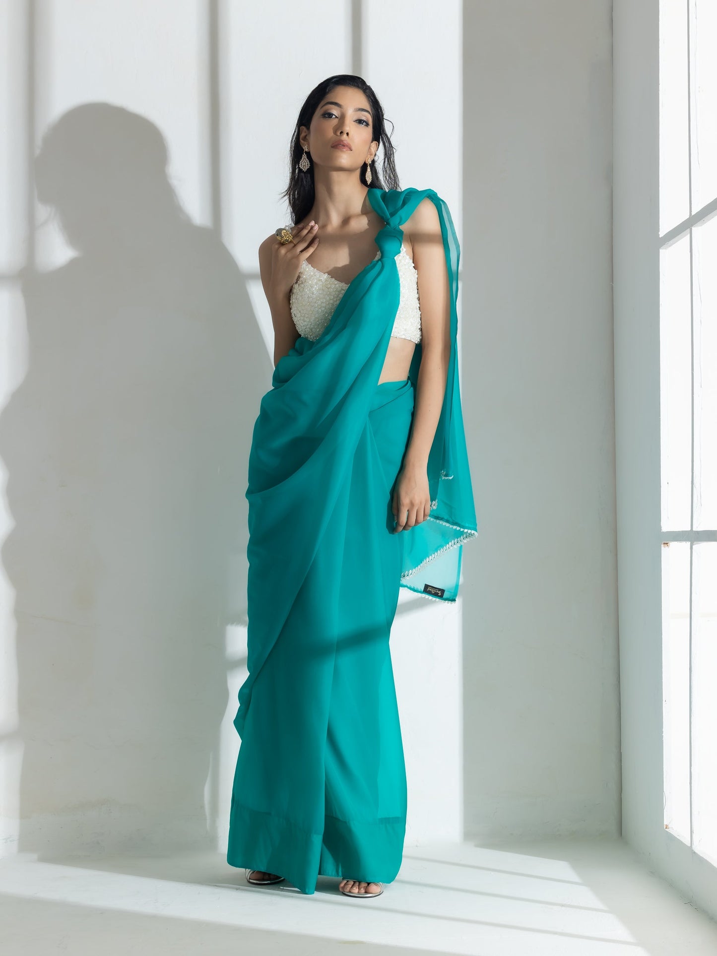 Dhiyona ST Topaz Super Soft Organza Saree with Pearl Leaves