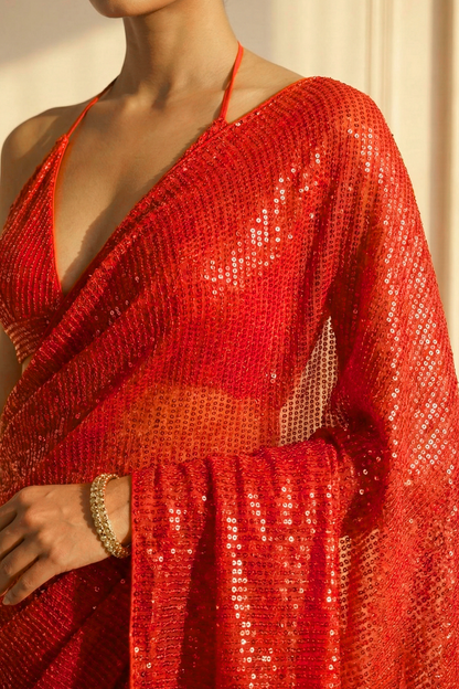 Dhiyona ST Scarlet Rouge Knitted Sequin Saree with Blouse Fabric