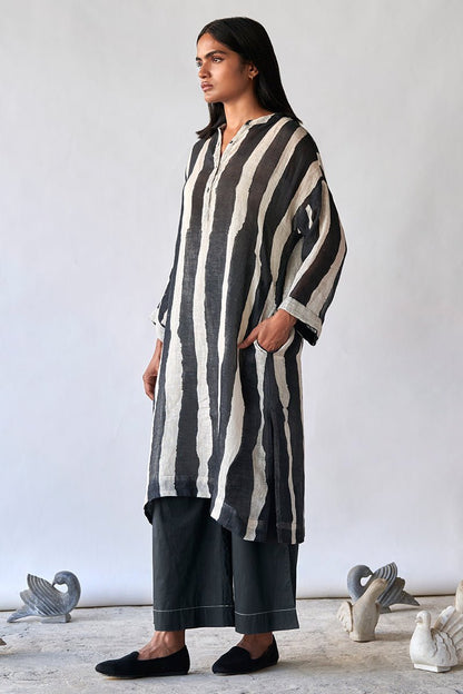 Women's Black and Tofu Stripe Linen Co-ord Set