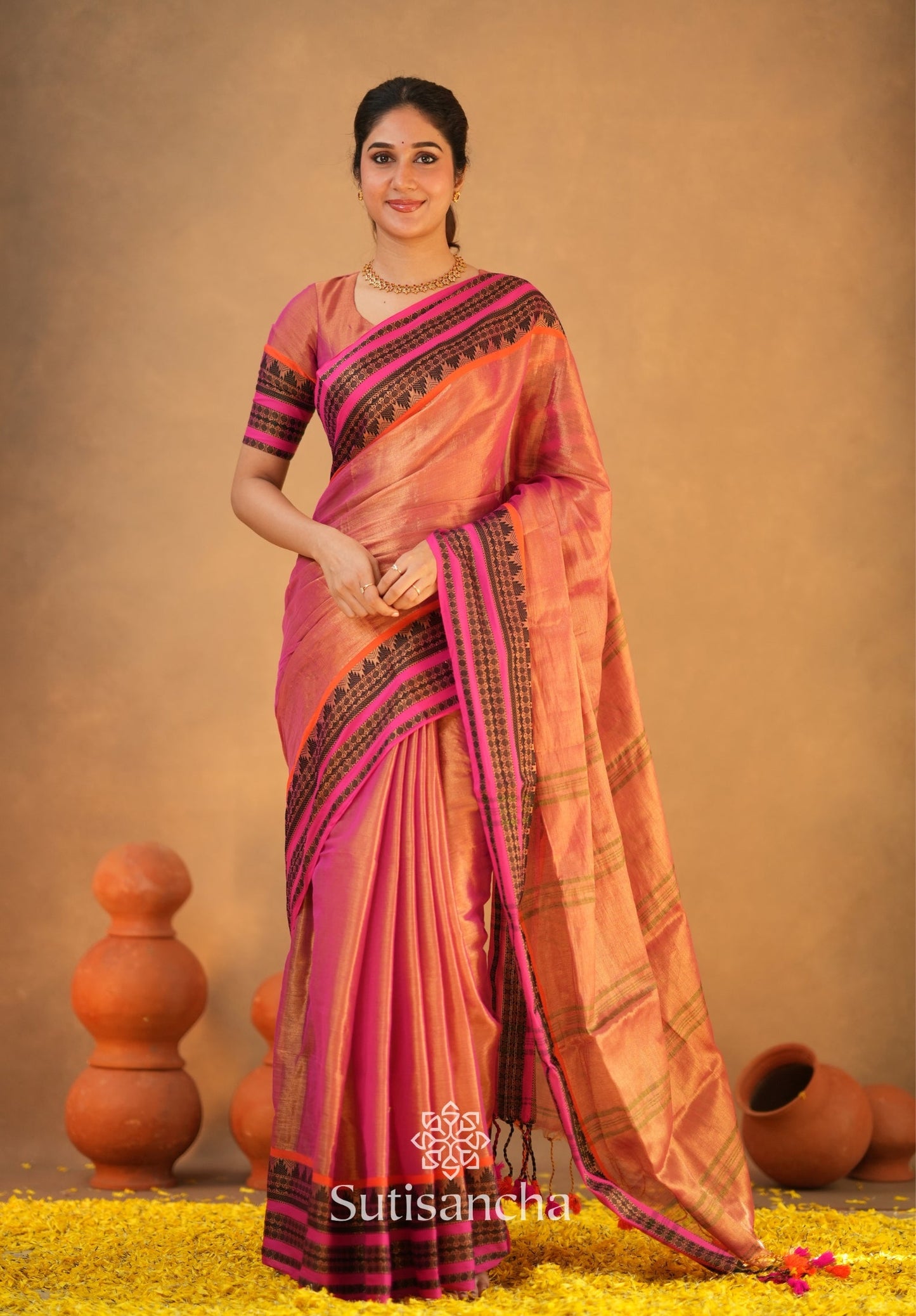 Dhiyona SS South Charm Tissue Cotton Saree with Traditional Border