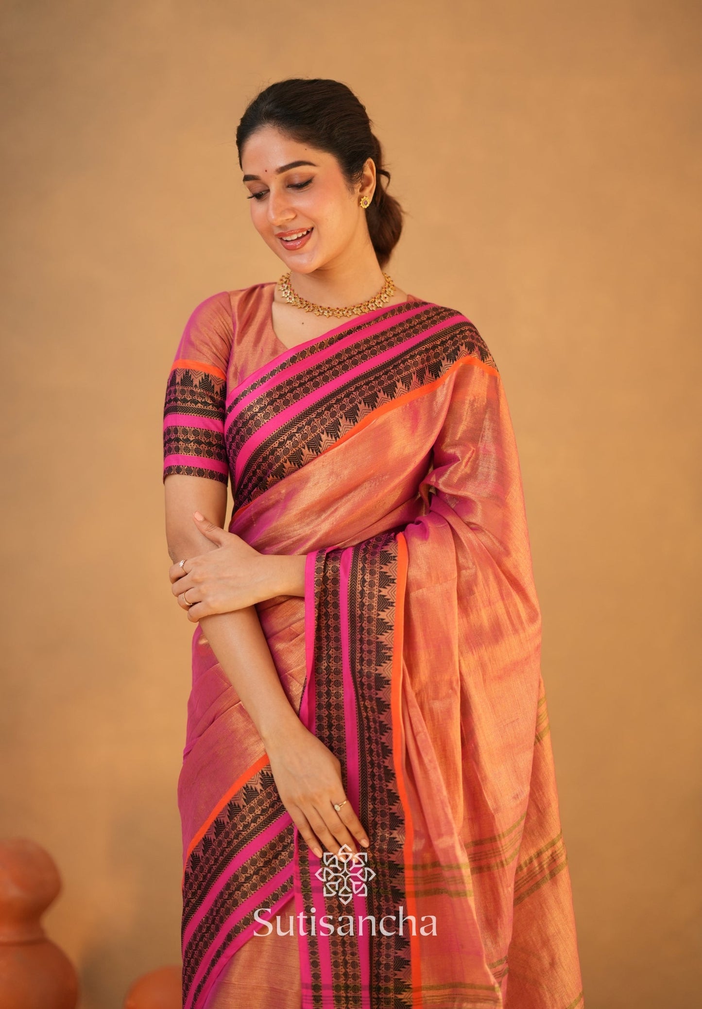 Dhiyona SS South Charm Tissue Cotton Saree with Traditional Border