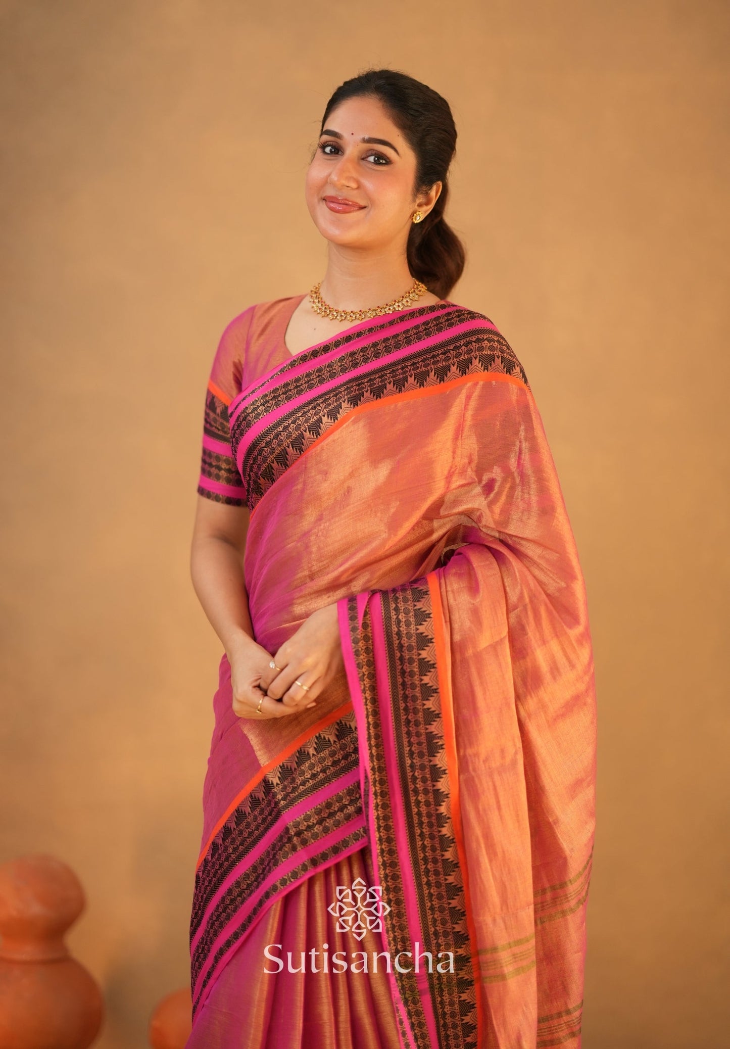 Dhiyona SS South Charm Tissue Cotton Saree with Traditional Border
