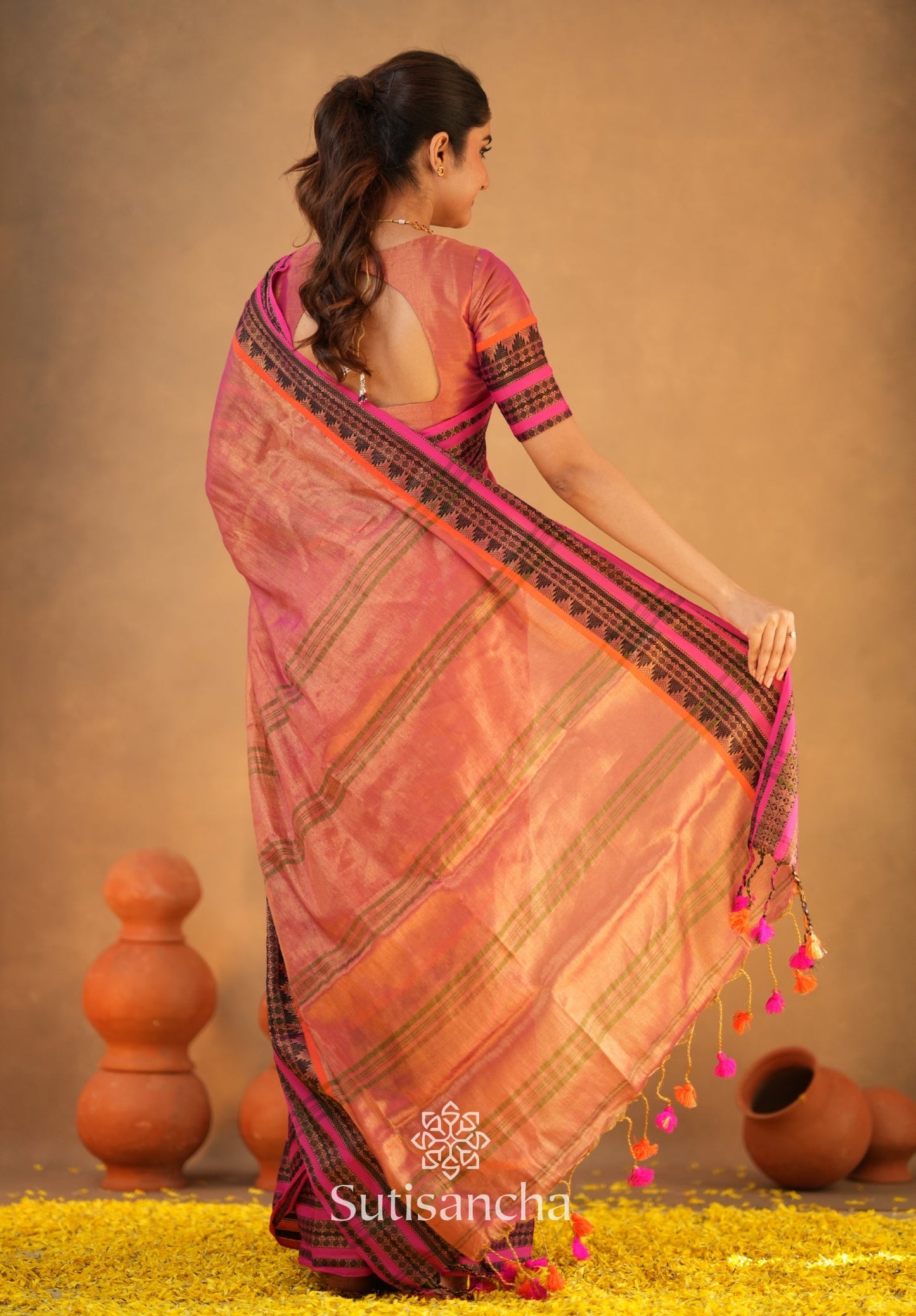 Dhiyona SS South Charm Tissue Cotton Saree with Traditional Border