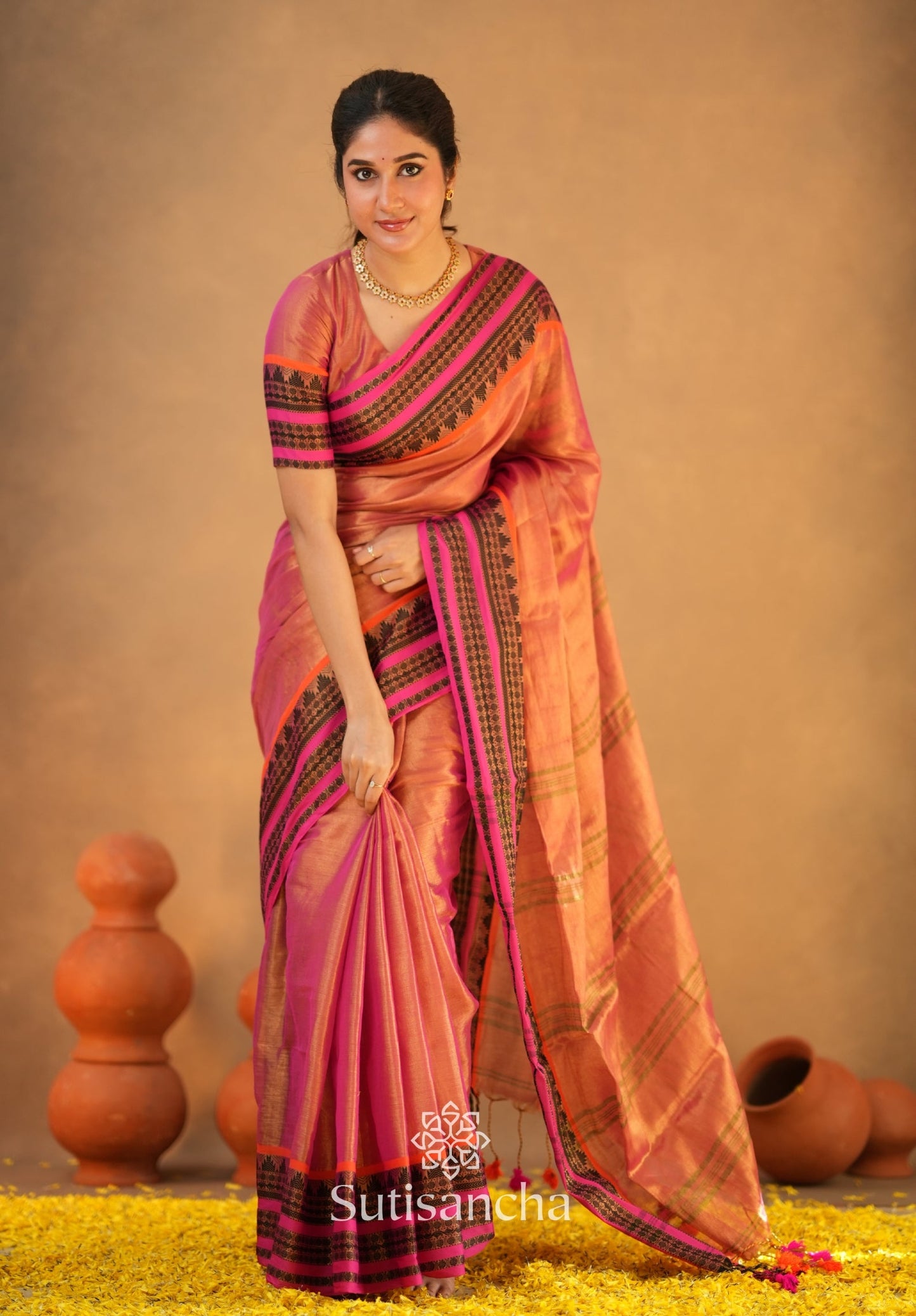 Dhiyona SS South Charm Tissue Cotton Saree with Traditional Border