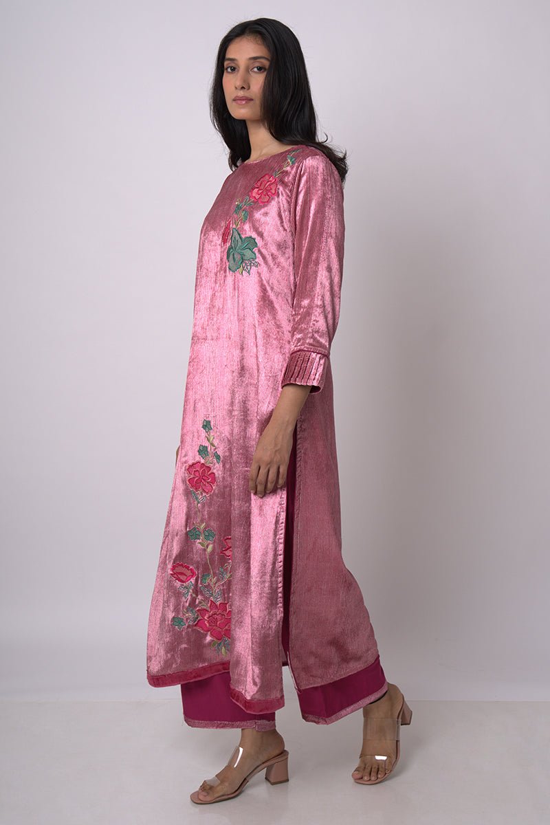 Women's Fushia Pink and Beige Silk Velvet Salwar Suit