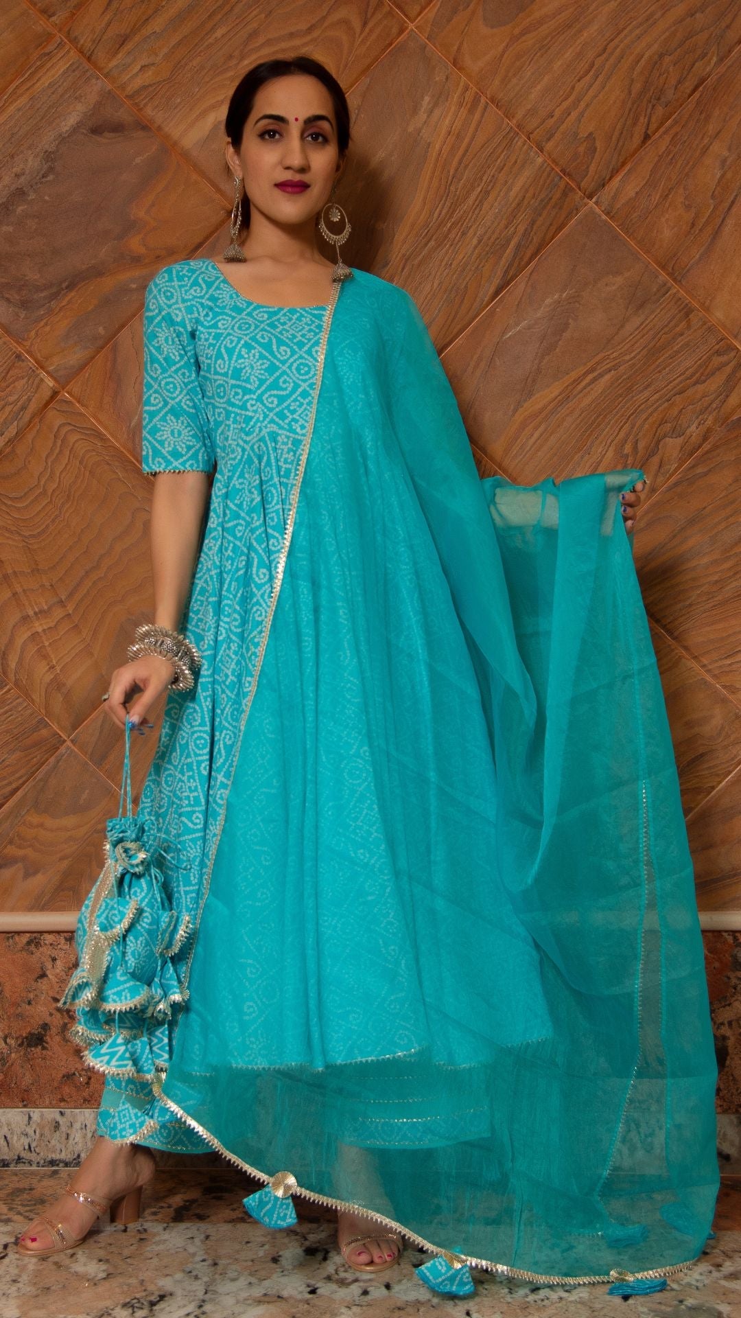 Bandhej Blue Cotton Anarkali Set