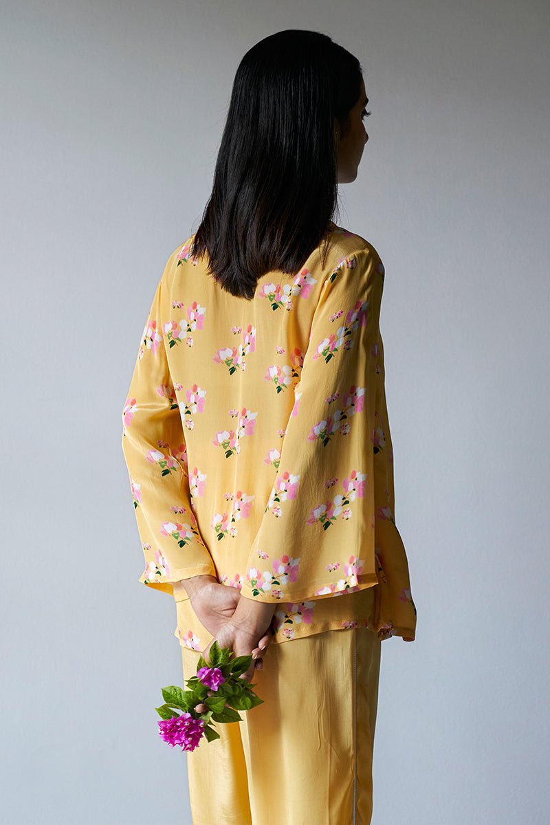 Women's Yellow Crepe Silk Printed Co-ord Set With Detailing Lace Work on Bottom Seam Line