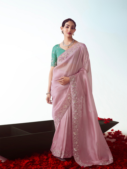 Dhiyona KM Women Baby Pink Organza Silk Saree