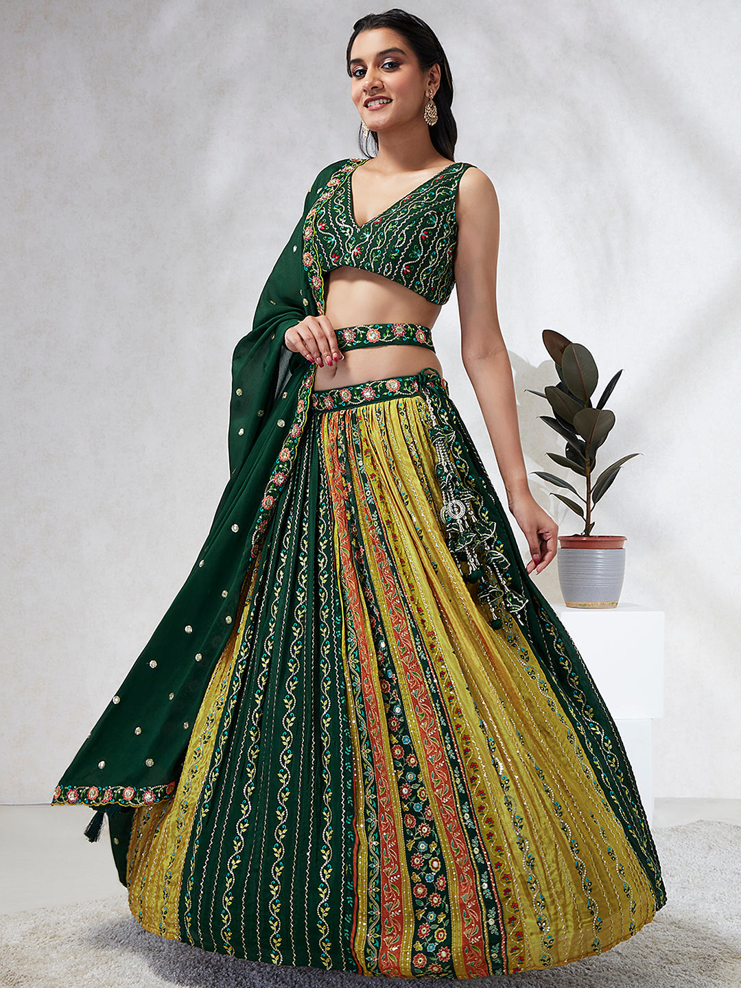 Women Green Chiffon Position print with Sequins embroidery  Lehenga choli & Dupatta