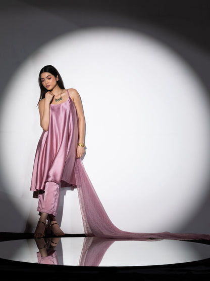 Dhiyona ST Women's Pink Stripe Satin Dress Set with Pants and Organza Sparkle Dupatta with Lace 3 Piece Set | Straight Fit, Round Neck, Sleeveless, Pants, Festive Wear, (Satin)