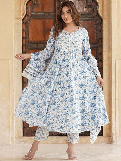 Dhiyona KL Floral Printed Gotta Patti Pure Cotton Anarkali Kurta with Trousers & Dupatta
