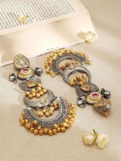 Dhiyona RJ Women's Oxidised Silver & Gold-Plated Long Chandbali with Kundan, Ruby,Emerald & Gold Beads