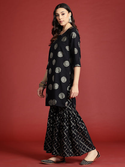 Dhiyona AN Tyohaar Foil Print Kurta with Sharara & Dupatta
