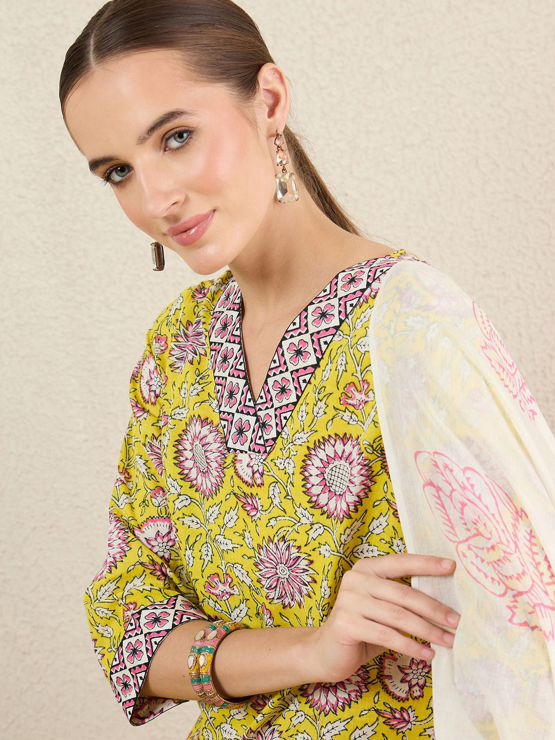 Floral Printed Pure Cotton V-Neck Straight Kurta with Trousers and Dupatta