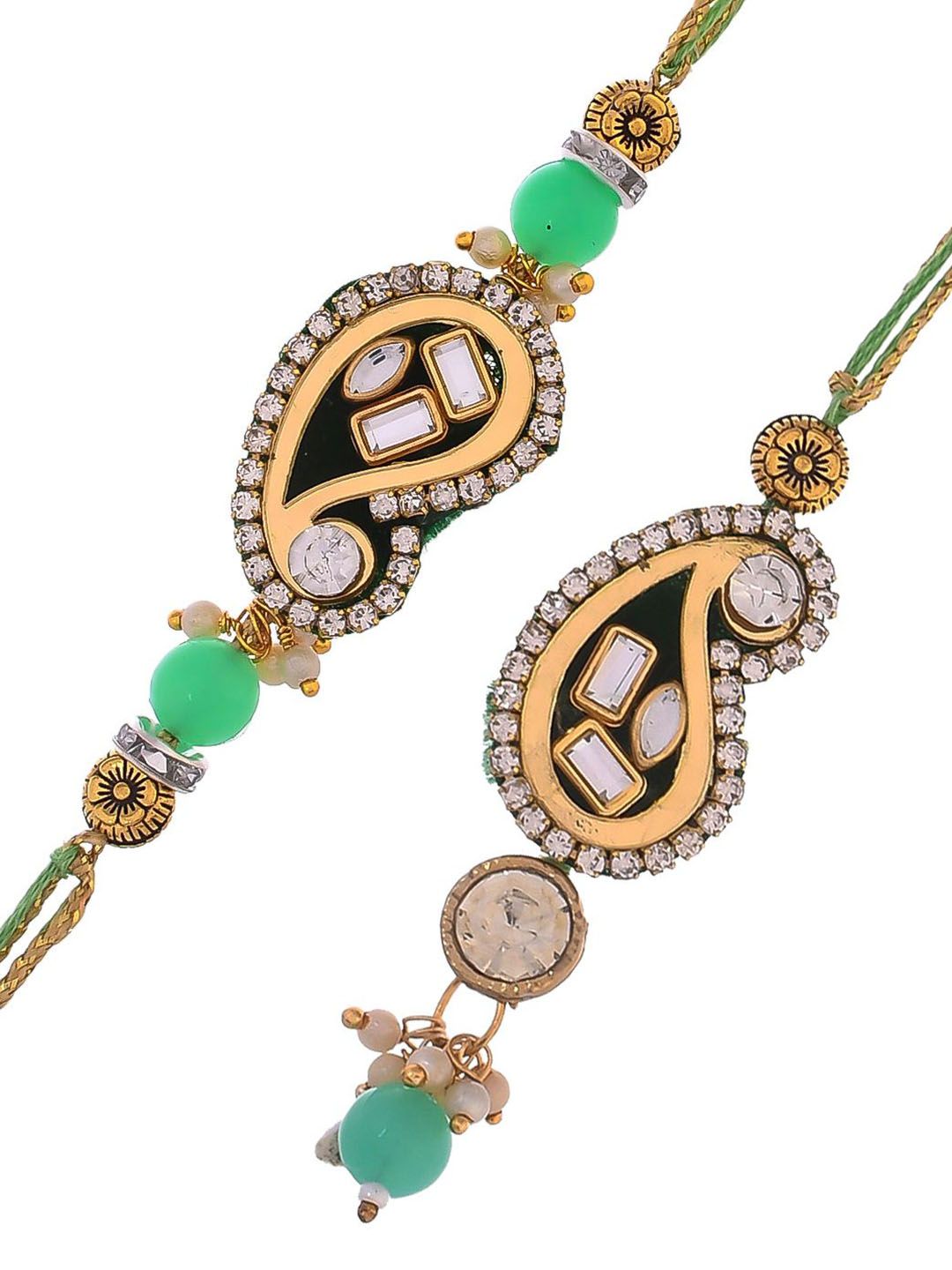Dhiyona Green Kundan-Studded & Beaded Bhaiya Bhabhi Thread Rakhi
