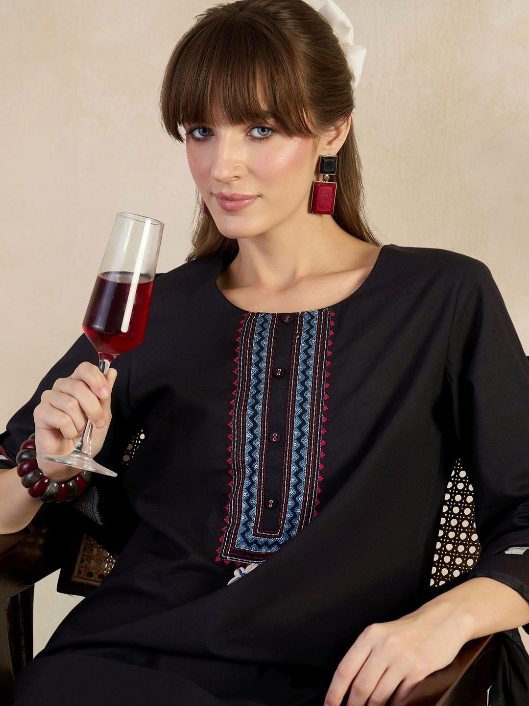 Women Ethnic Motifs Embroidered Regular Thread Work Pure Cotton Kurta with Trousers & With Dupatta