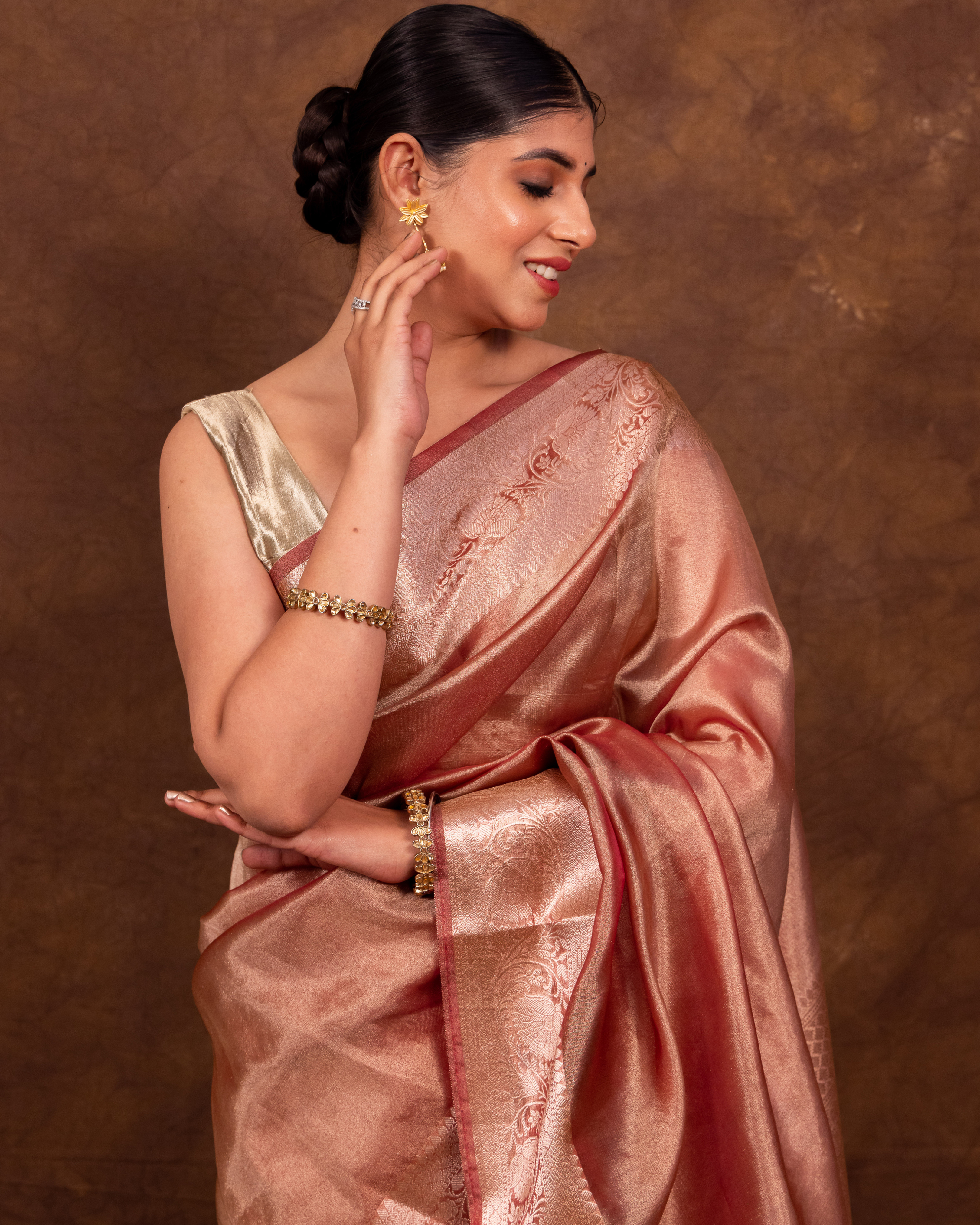Dhiyona HH Rose Pink Banarasi Authentic Soft Tissue Silk Saree with Rich Pallu Woven Design