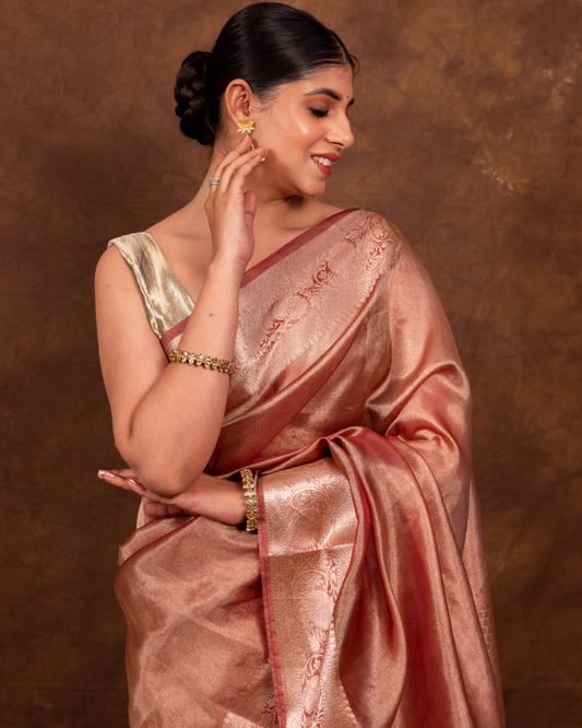 Dhiyona HH Rose Pink Banarasi Authentic Soft Tissue Silk Saree with Rich Pallu Woven Design