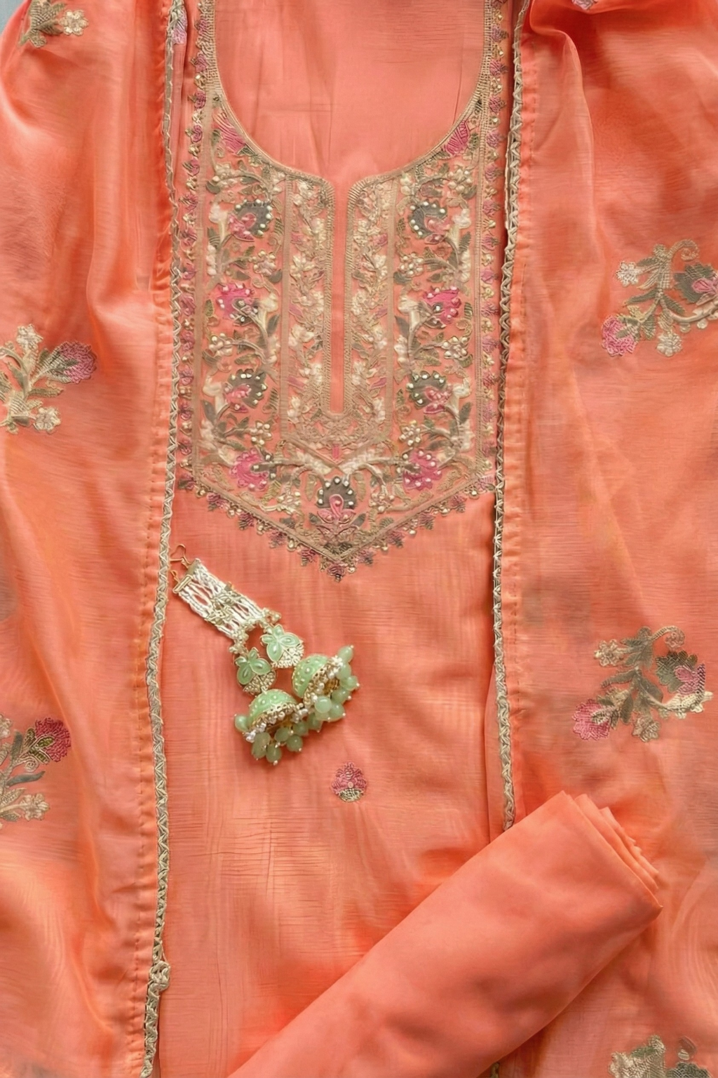 Dhiyona ST 3 Pc Unstitched Suit - Mul Peach Kashmiri Embroidery Kurta with Beads , Embroidered Dupatta and Bottom