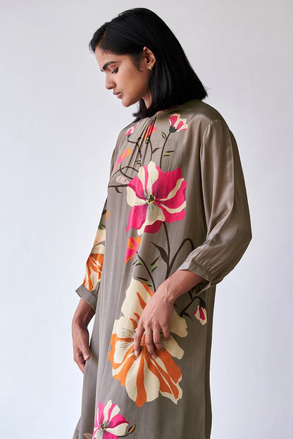 Women's Grey Floral Printed Bemberg Silk Co-ord Set