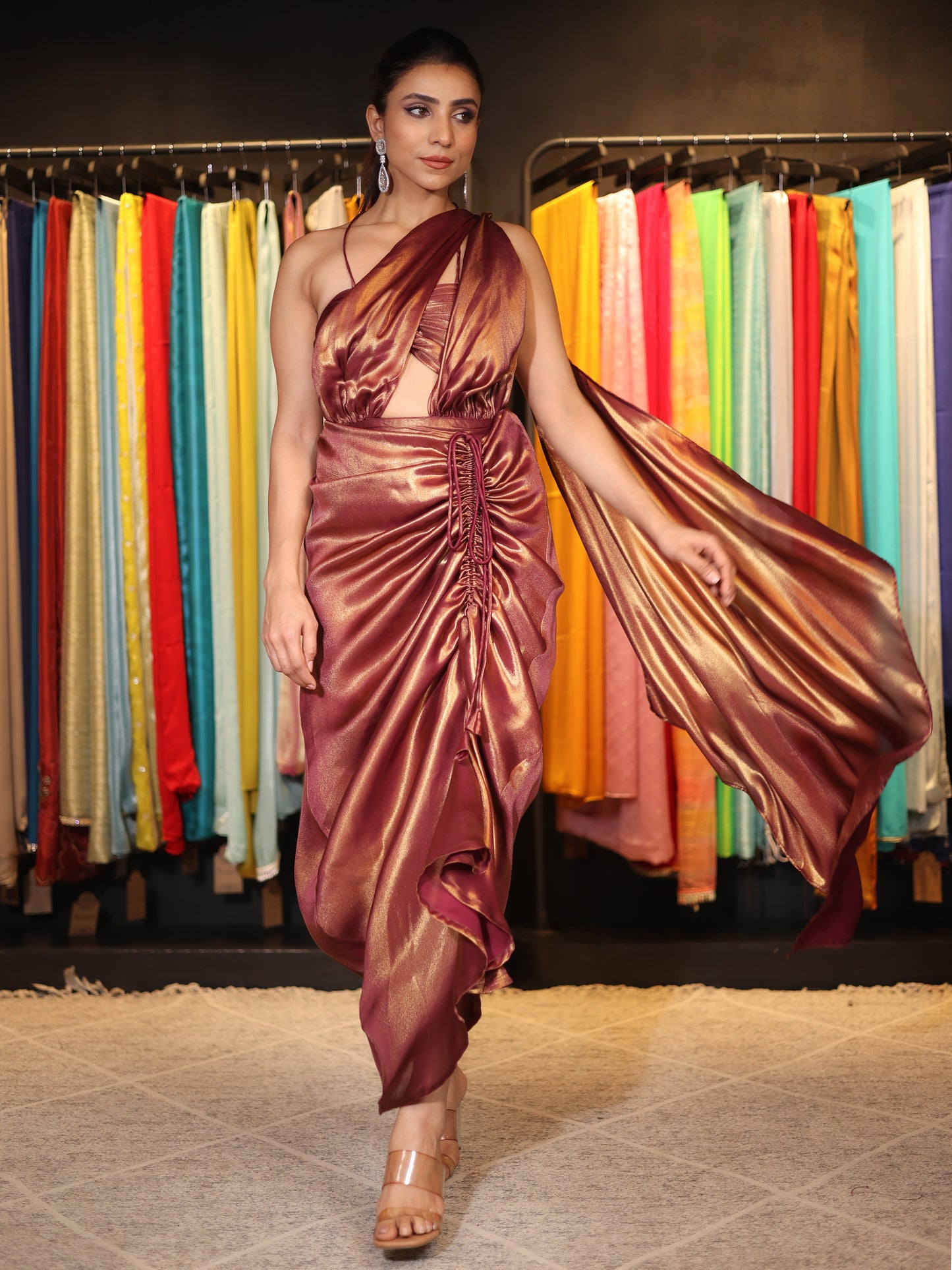 Dhiyona ST 2 pc SET - Avant-Garde Wine Gold  Pre-Draped Saree with Blouse