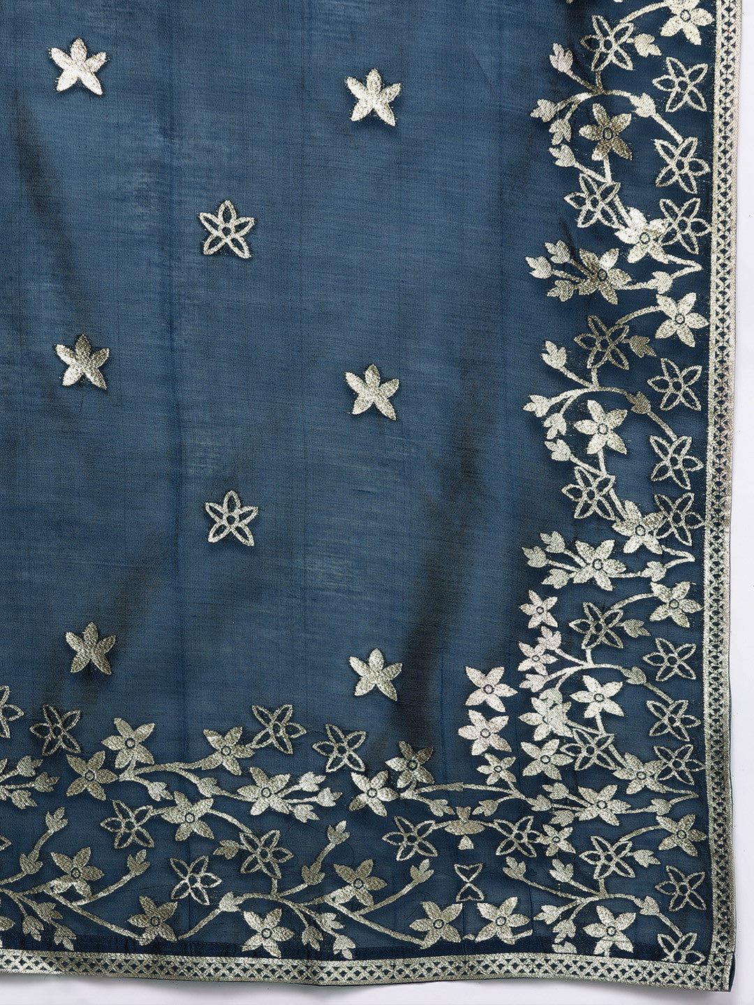 Women Blue Floral Printed Chanderi Silk Kurta with Trousers & Dupatta