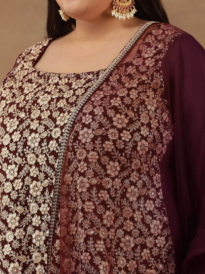 Dhiyona IN Floral Embroidered Regular Sequinned Straight Kurti with Sharara & Dupatta