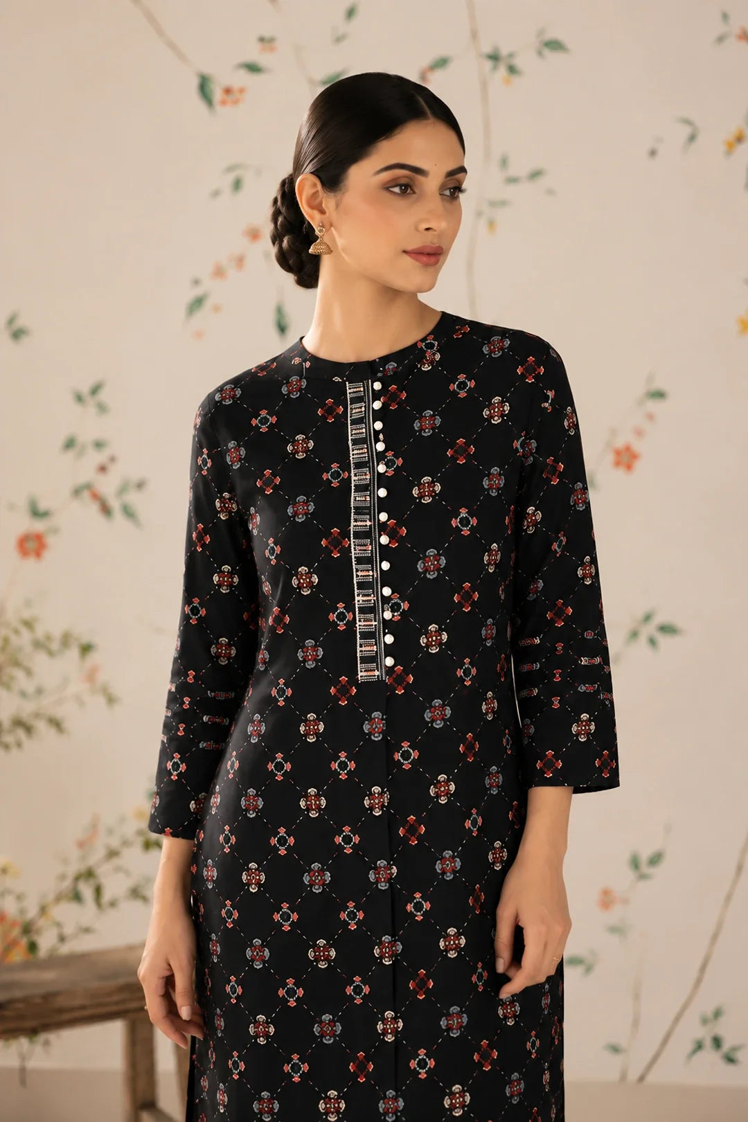 Black Printed Handwork Kurta With Pant Set