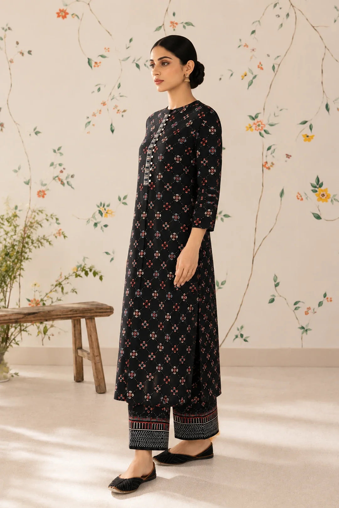 Black Printed Handwork Kurta With Pant Set