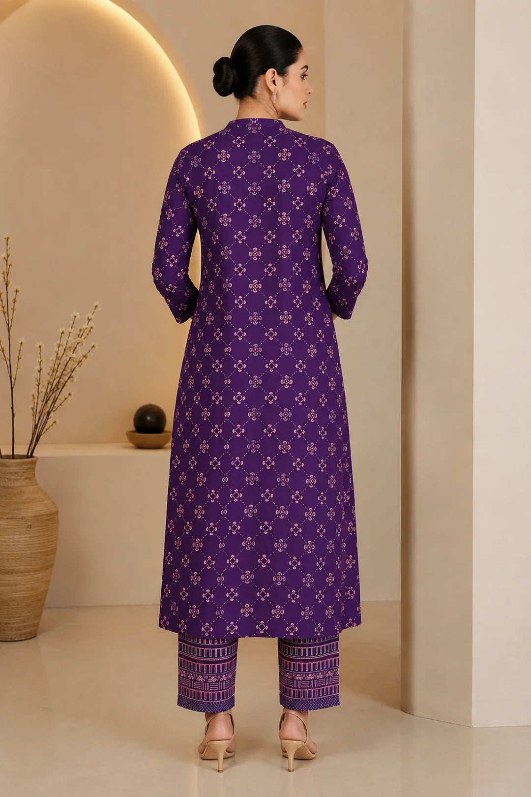 Purple Printed Handwork Kurta With Pant Set