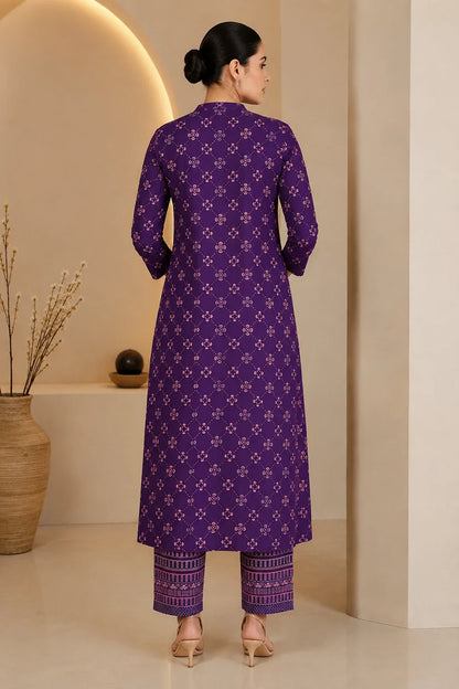 Purple Printed Handwork Kurta With Pant Set