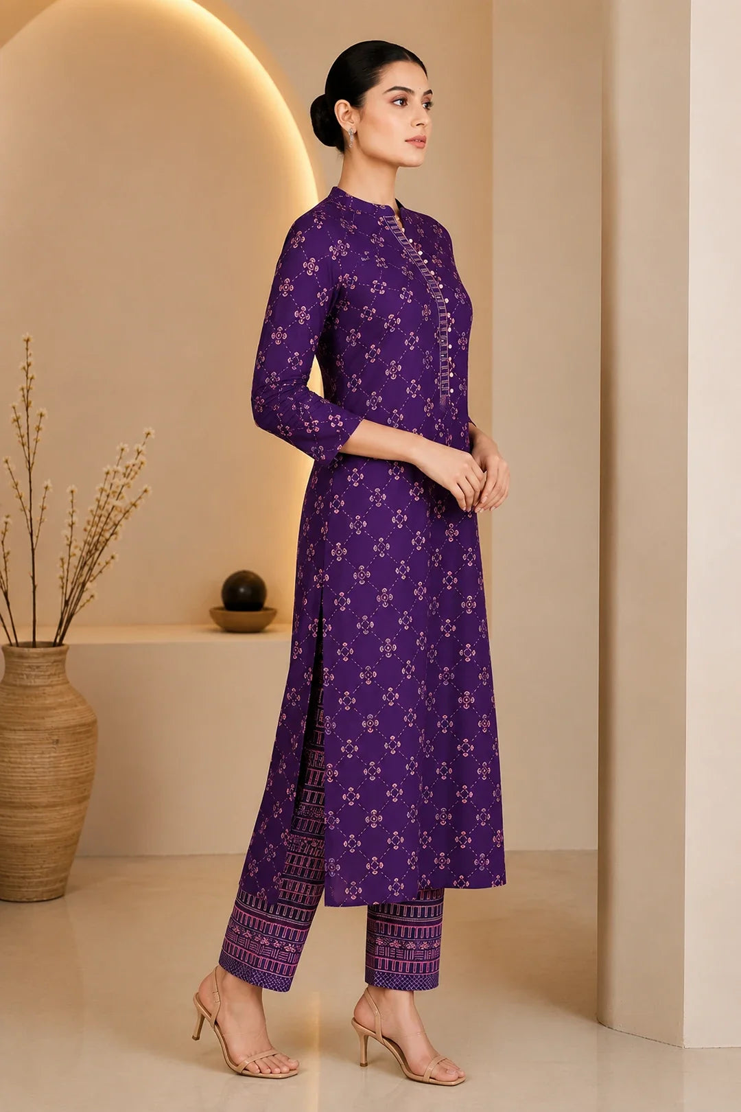 Purple Printed Handwork Kurta With Pant Set