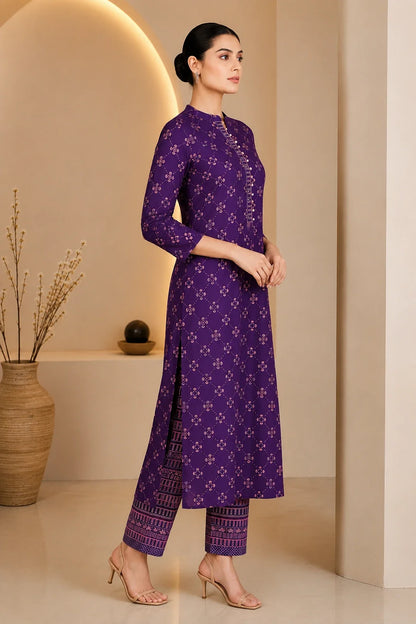 Purple Printed Handwork Kurta With Pant Set