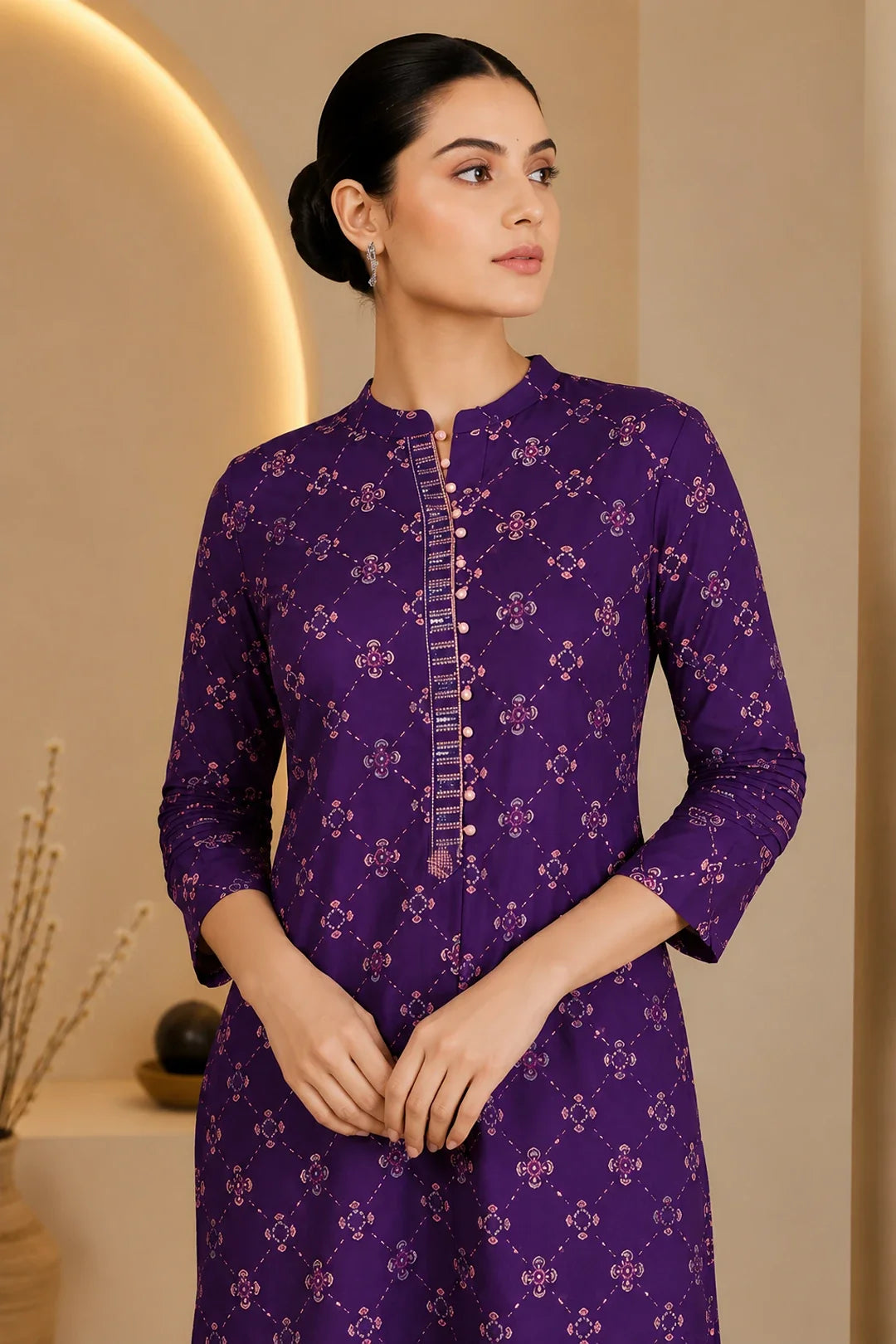 Purple Printed Handwork Kurta With Pant Set