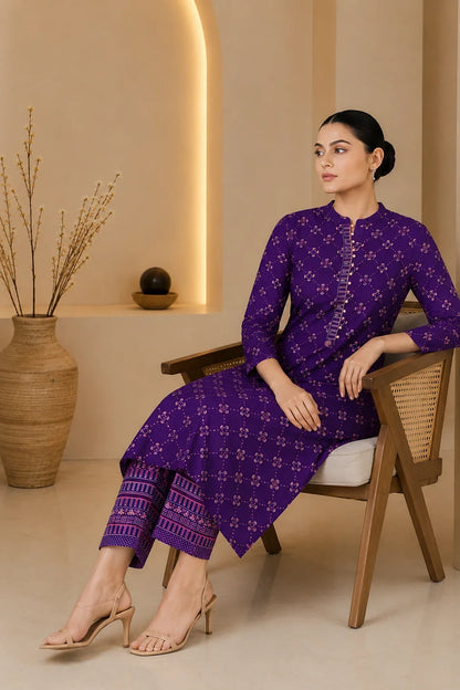 Purple Printed Handwork Kurta With Pant Set