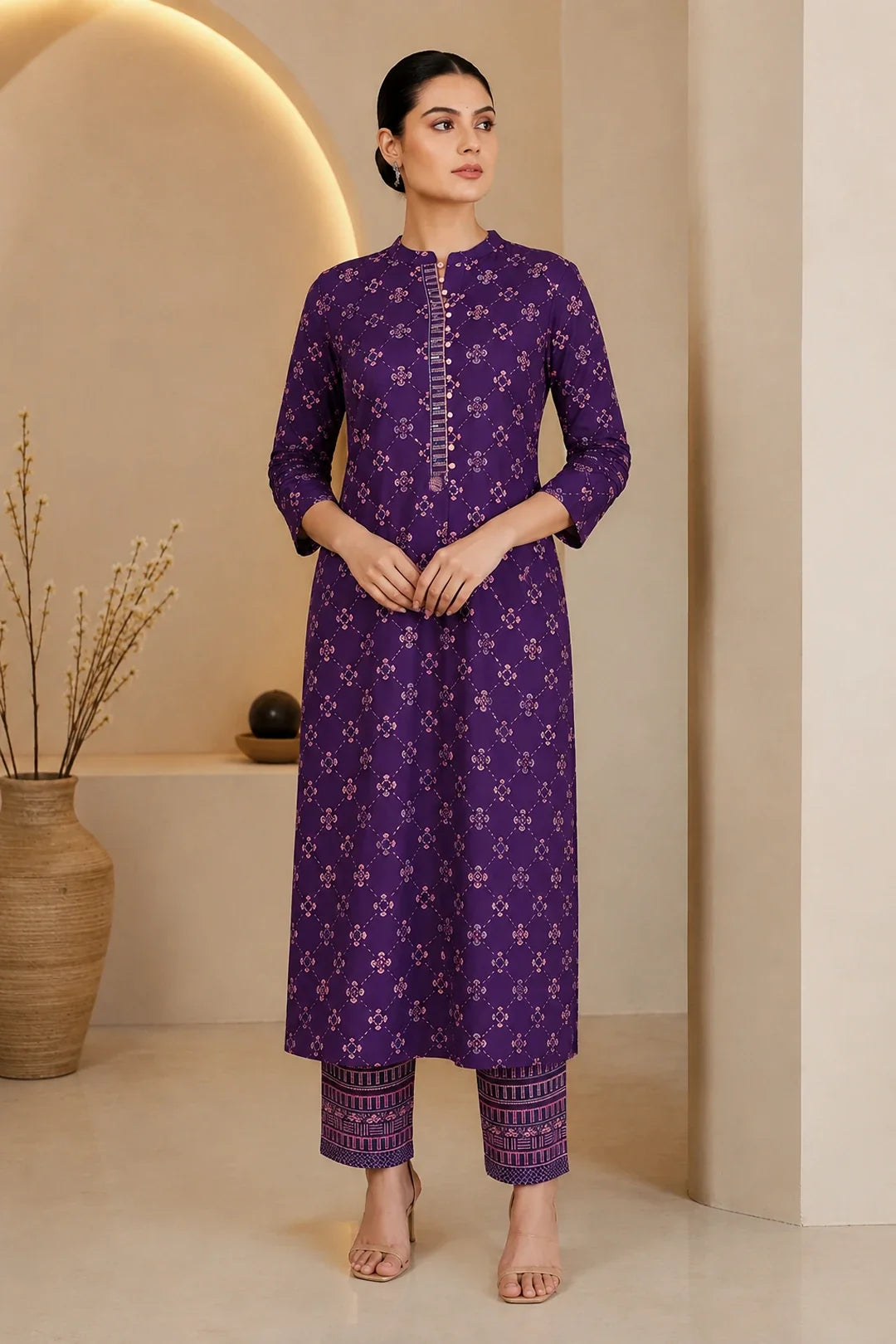 Purple Printed Handwork Kurta With Pant Set