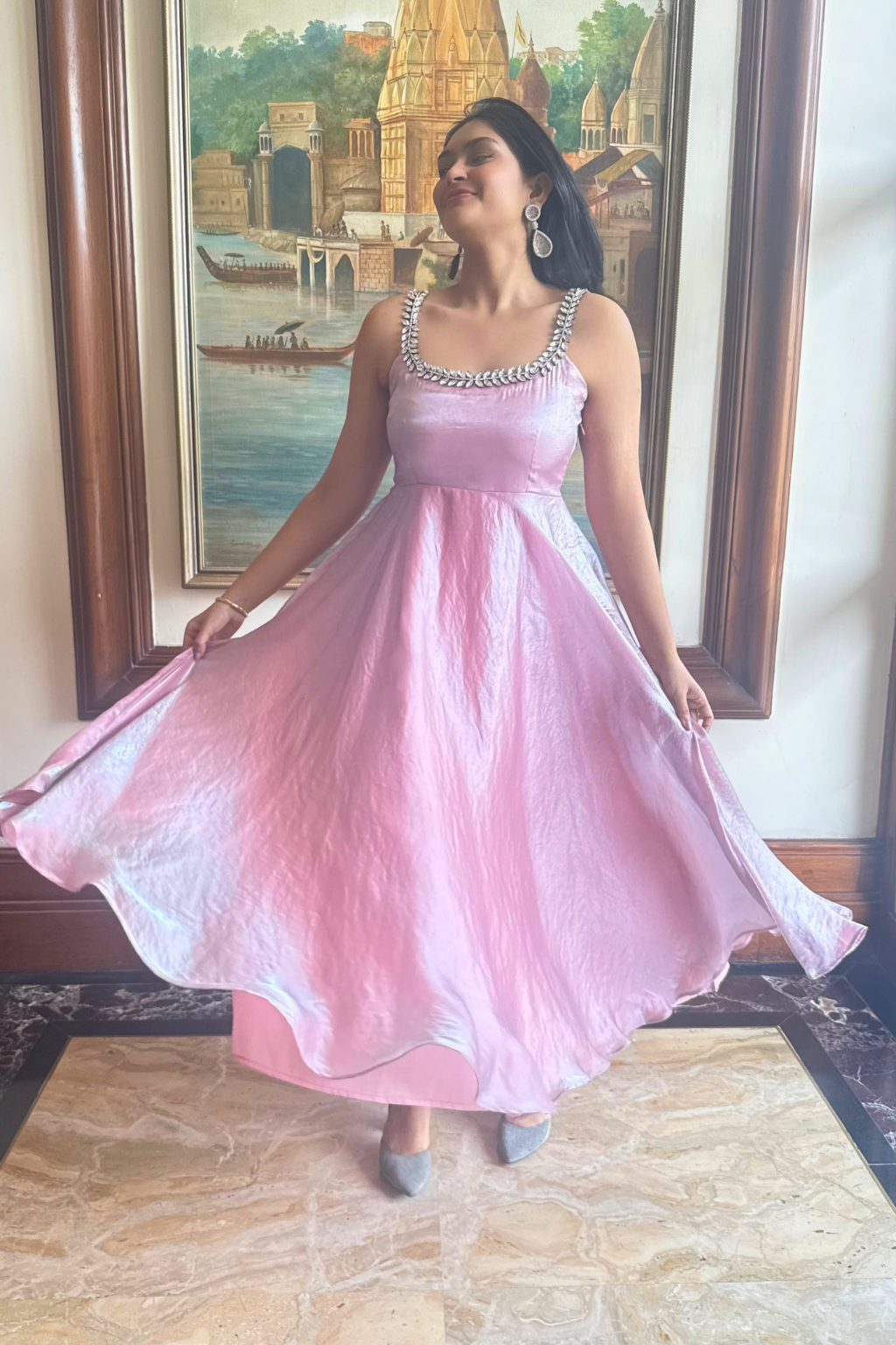 Dhiyona ST 3 pc Suit - Pink Blue Metallic Sleeveless Anarkali with Glass Trim