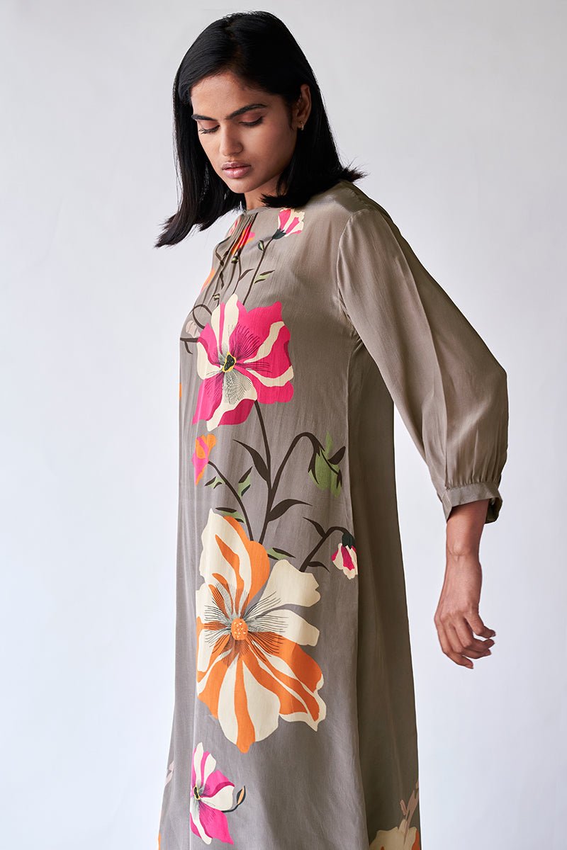 Women's Grey Floral Printed Bemberg Silk Co-ord Set