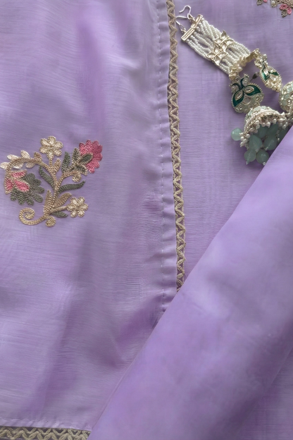Dhiyona ST 3 Pc Unstitched Suit - Mul Lilac Kashmiri Embroidery Kurta with Beads , Embroidered Dupatta and Bottom